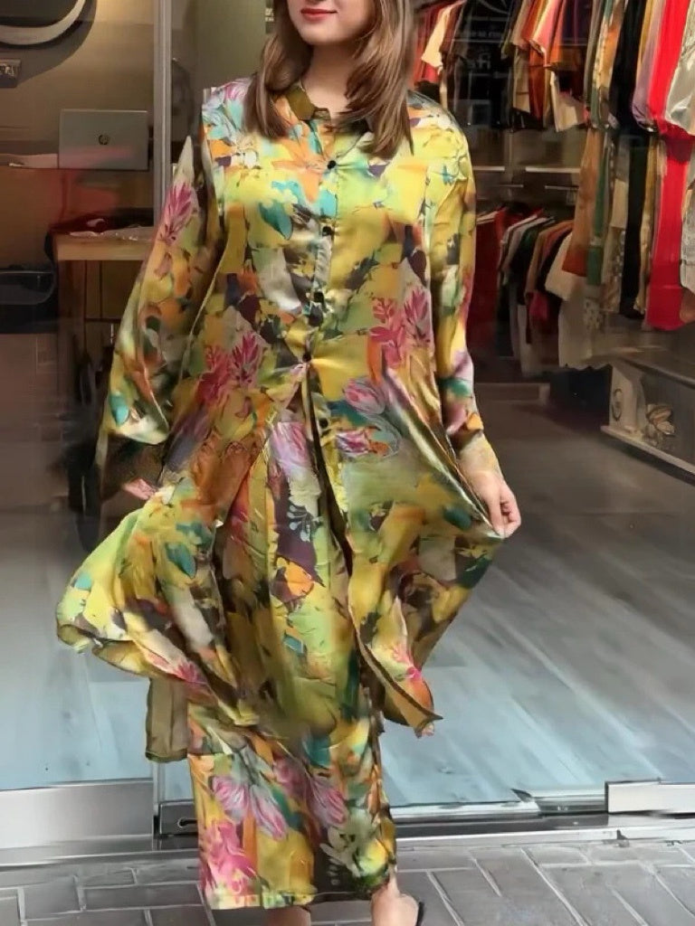 Women's Elegant Flowy Shirt Dress and Pants Set