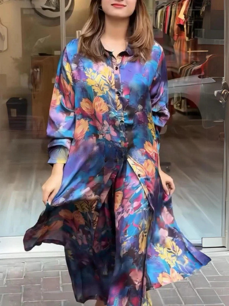 Women's Elegant Flowy Shirt Dress and Pants Set