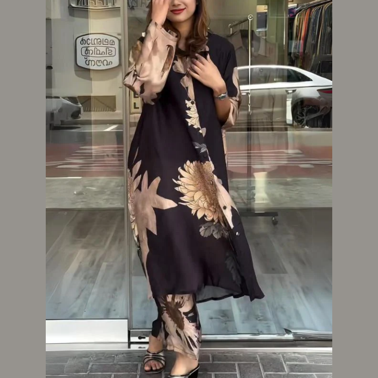 Women's Elegant Flowy Shirt Dress and Pants Set