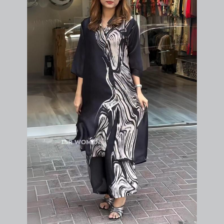 Women's Elegant Flowy Shirt Dress and Pants Set