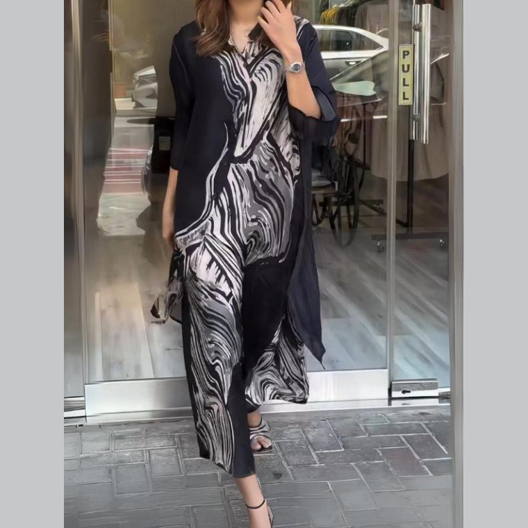 Women's Elegant Flowy Shirt Dress and Pants Set