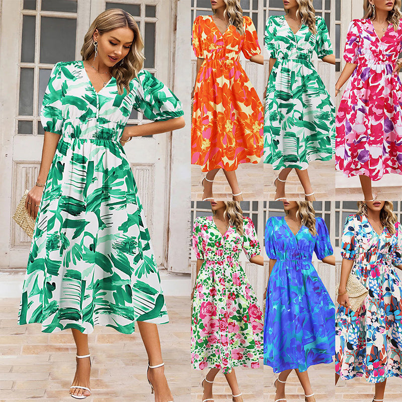 Women's V-Neck Printed Casual Dress