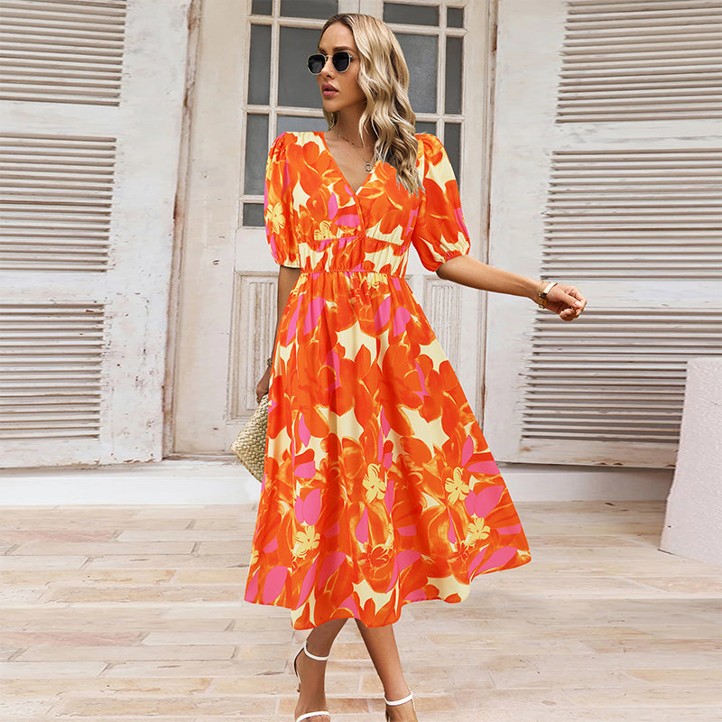 Women's V-Neck Printed Casual Dress