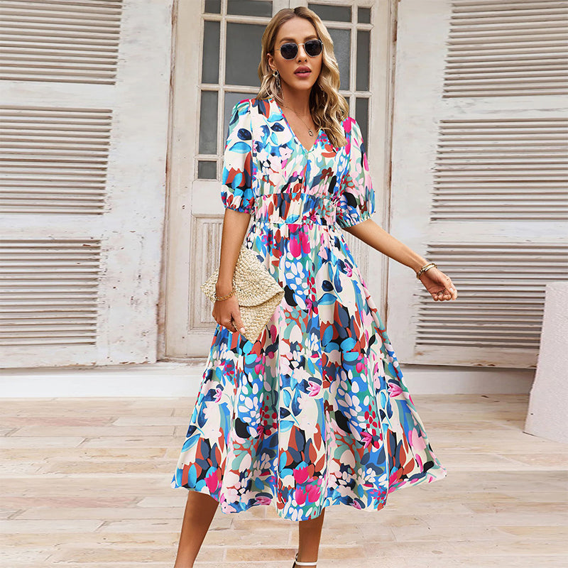 Women's V-Neck Printed Casual Dress