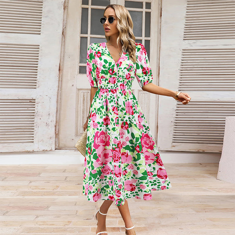 Women's V-Neck Printed Casual Dress
